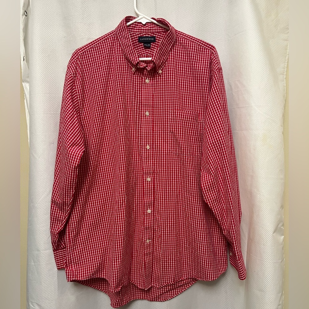 Lands' End Men's Red Gingham Button Down Shirt. 17.5 /34